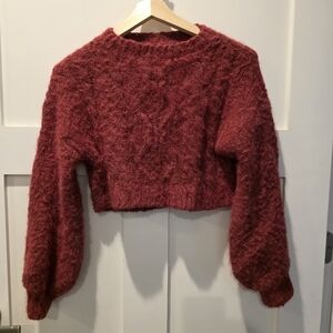 Urban Outfitters Women's Cropped Fuzzy Sweater Bubble Sleeves XS Dark Red Cozy
